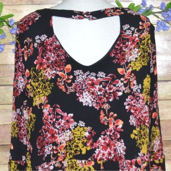 Nina Leonard Black Floral Boho Long Bell Sleeve Knee Length Dress Plus Size 2X - Picture 8 of 12